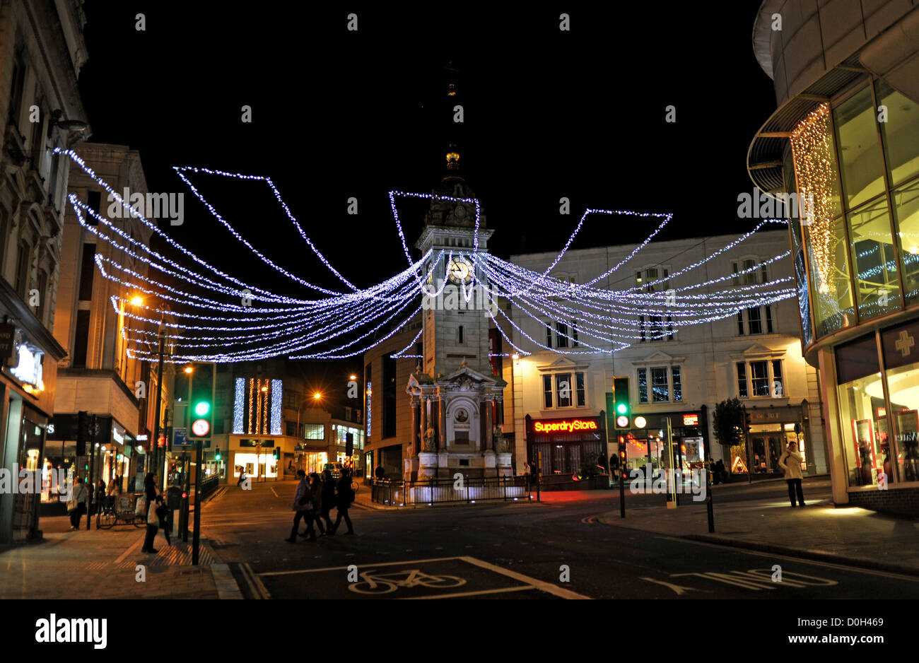 Christmas lights decorations around the clock tower in Brighton city