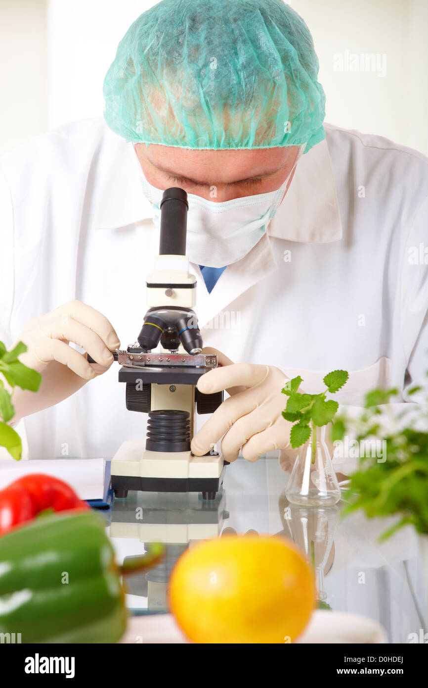 Researcher holding up a GMO vegetable Stock Photo