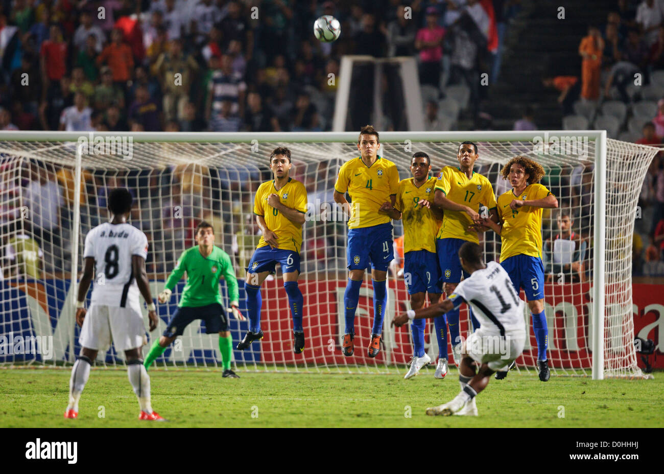 Brazil defenders react to a free kick by Andre Ayew of Ghana during the 2009 FIFA U-20 World Cup final. Stock Photo