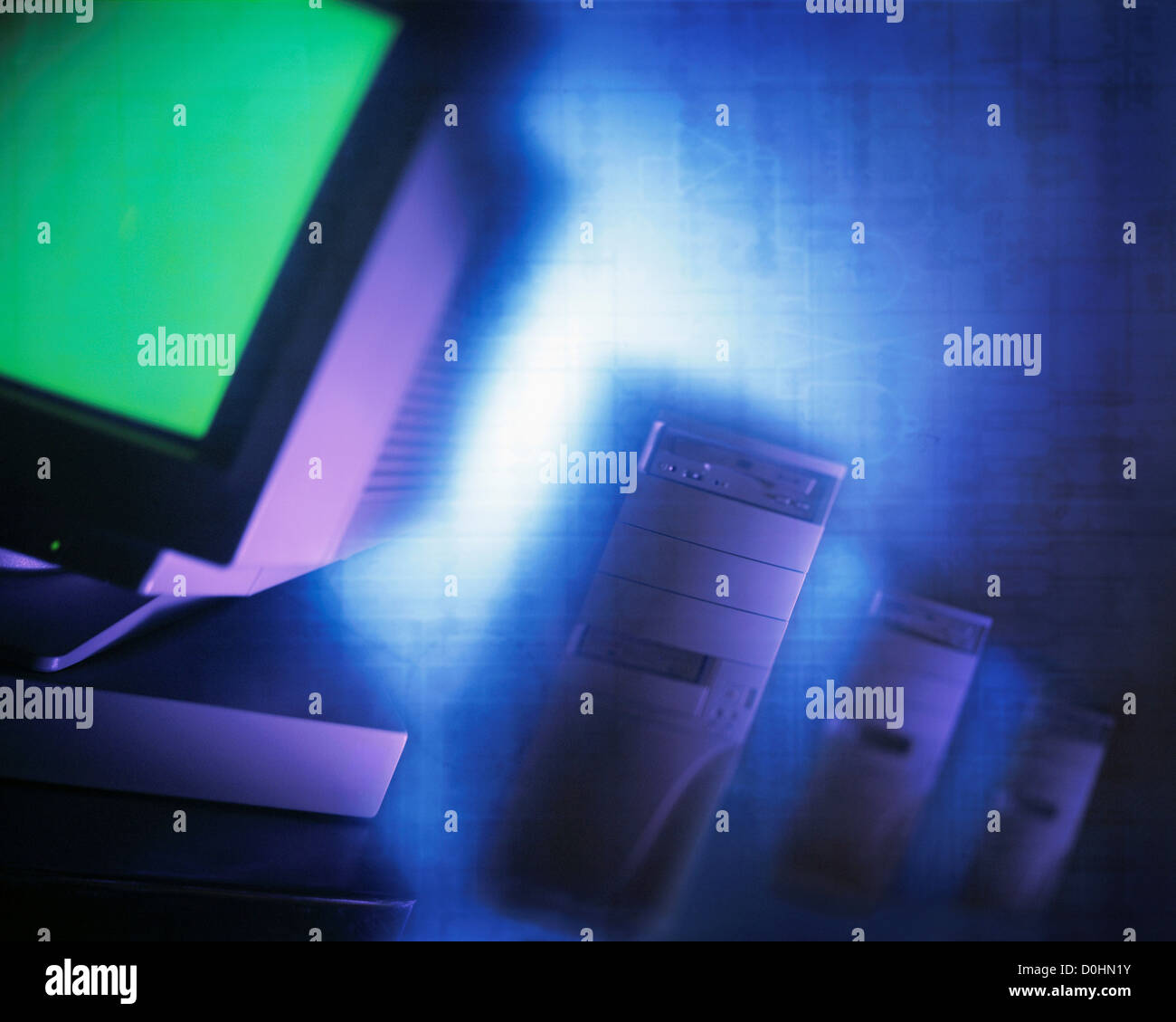 Photo Illustration of Computer Monitor and Computer Towers Stock Photo