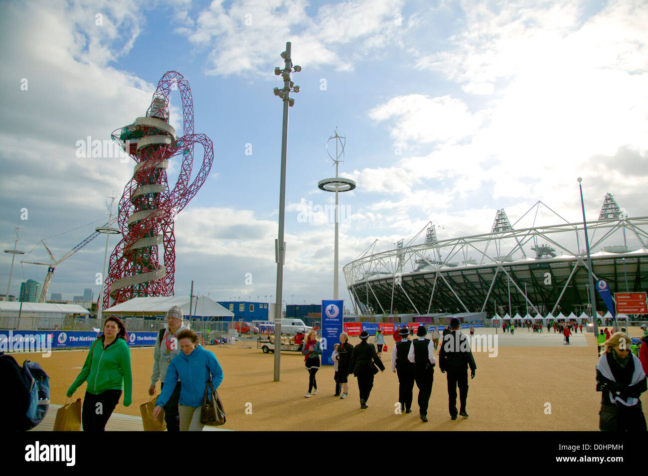 A view toward the Anish Kapoor sculpture outside the main Olympic stadium. Stock Photo