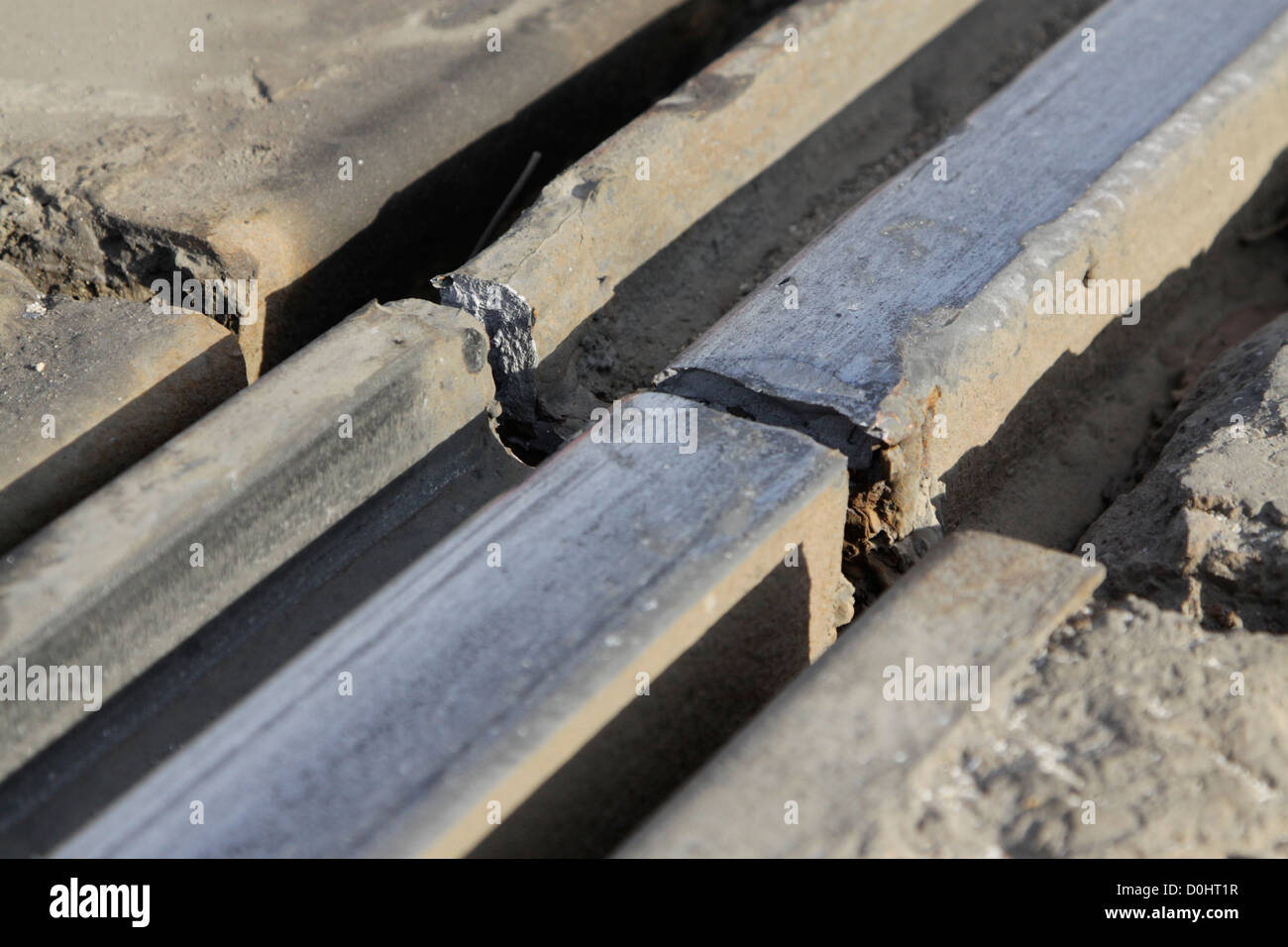 Unsafe tramway system in Sofia: broken rail. Damages remain largely unnoticed and are not repaired for months. Stock Photo