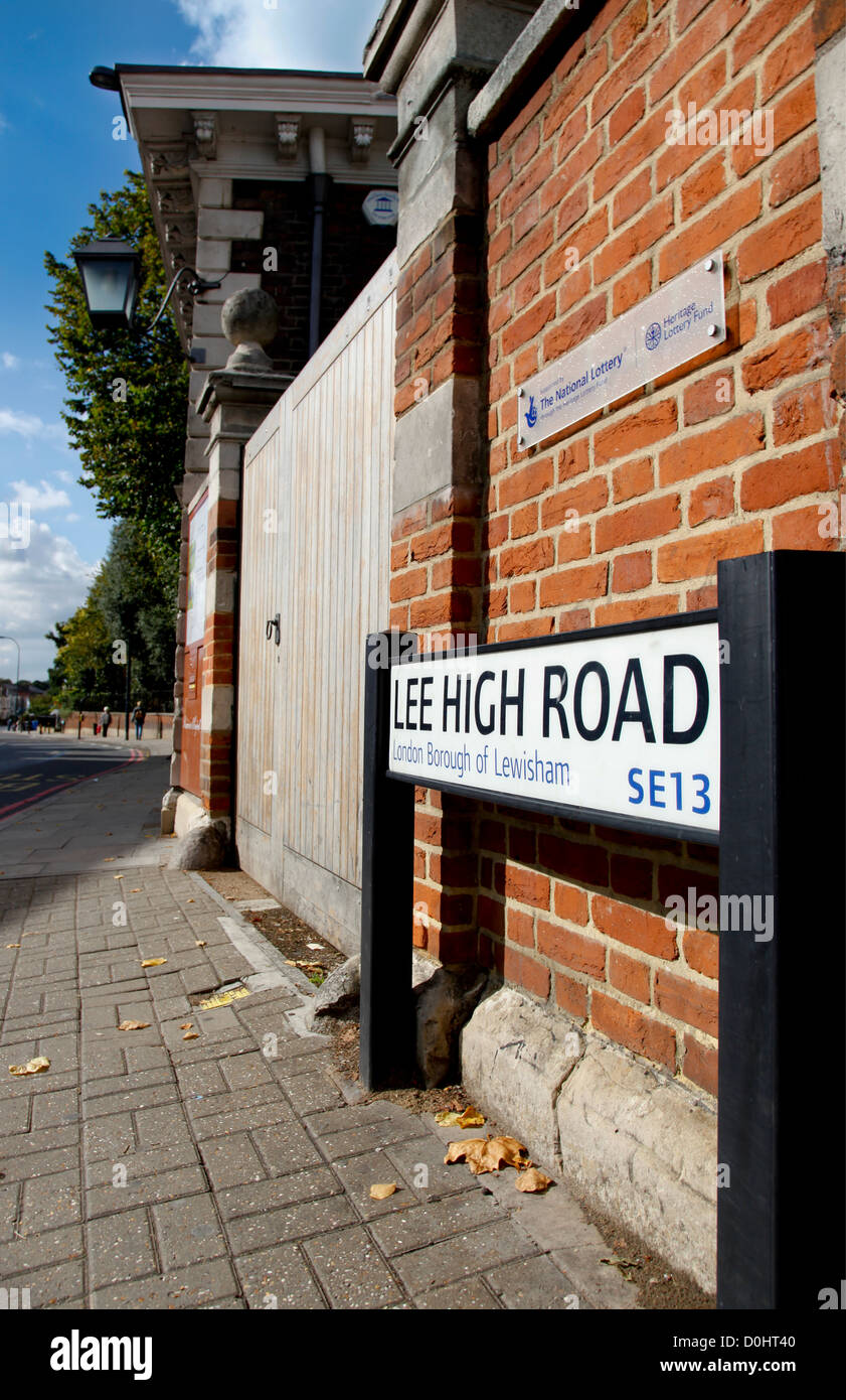 A road sign on Lee High Road in Lewisham. Stock Photo