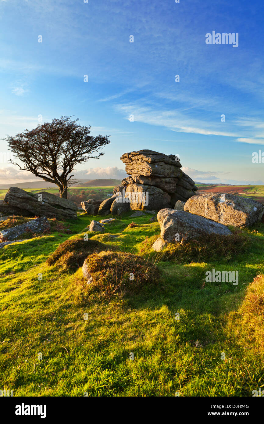 A view of Saddle Tor at sunset. Stock Photo