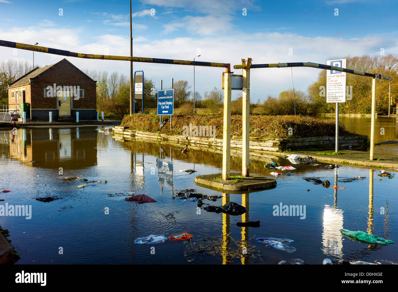 After days of rainfall the car park is closed, scenes of flooding, floating debris, abandoned cars await their owners Stock Photo