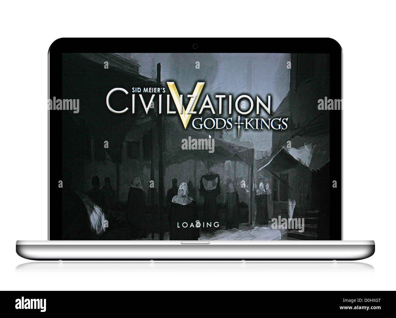 Sid Meier's Civilization V, a turn based strategy PC Game in a laptop computer isolated on a white background loading screen Stock Photo