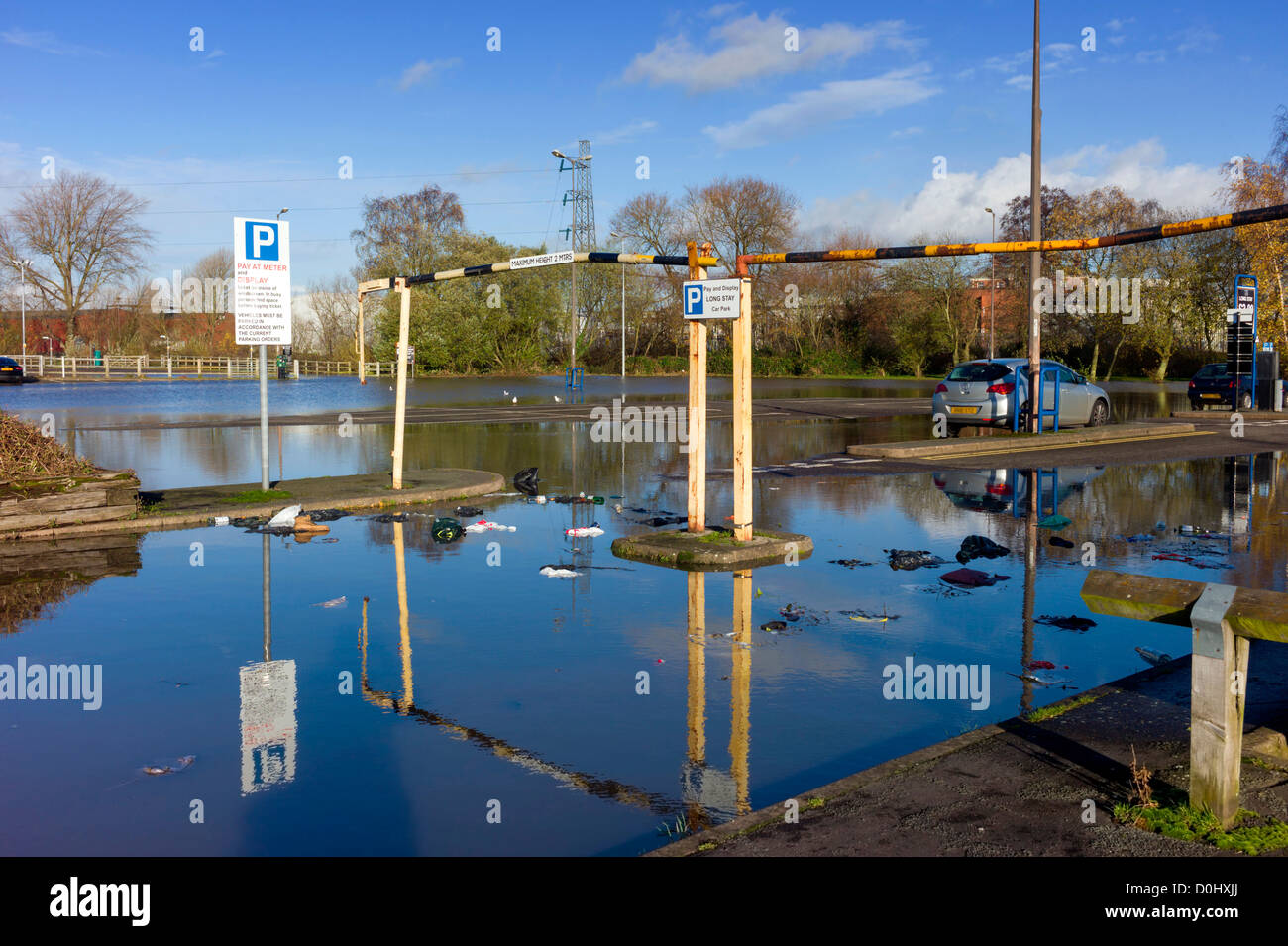 After days of rainfall the car park is closed, scenes of flooding, floating debris, abandoned cars await their owners Stock Photo