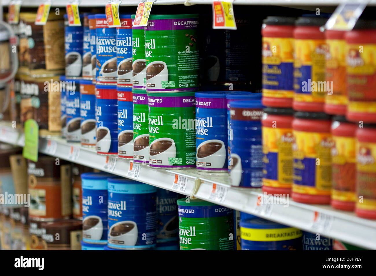 Coffee tins on grocery store shelves for sale, Maxwell House Stock