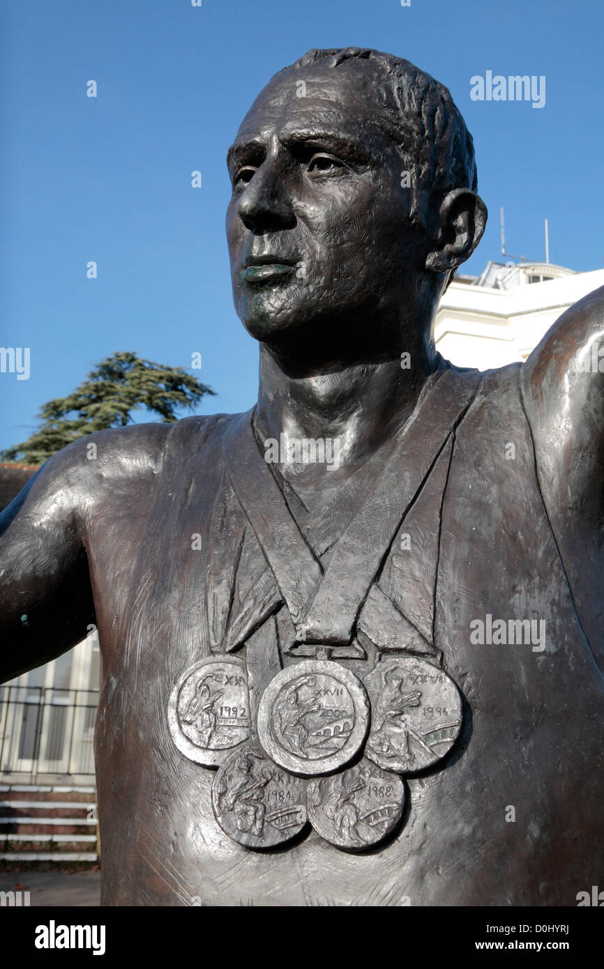 Close up of the statue of Sir Steve Redgrave, an Olympic rower, on the banks of the River Thames in Marlow, Buckinghamshire, UK. Stock Photo