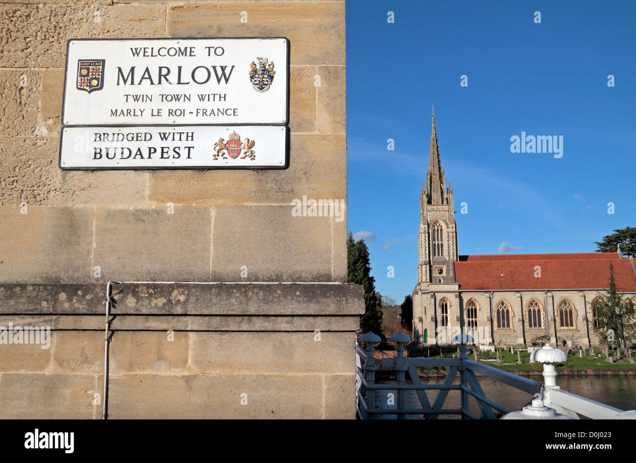 The to Marlow" sign on Marlow Bridge with All Saints Parish