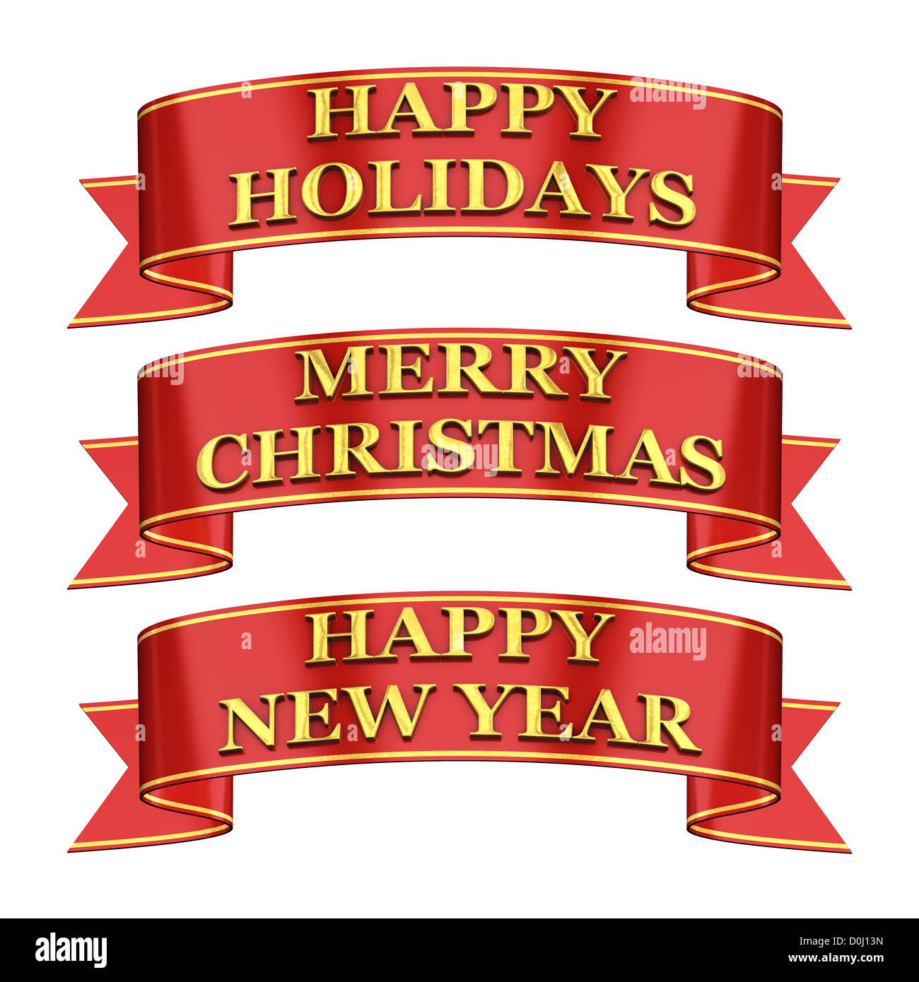 Set of red and gold ribbons isolated on white - Happy Holidays / Merry ...