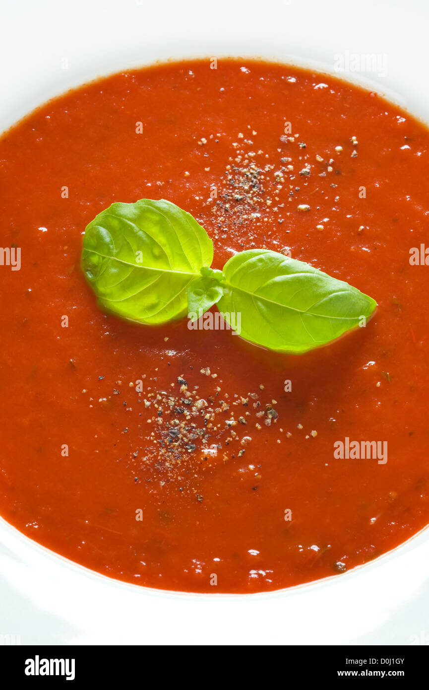 fresh basil herb garnish on homemade tomato sauce Stock Photo