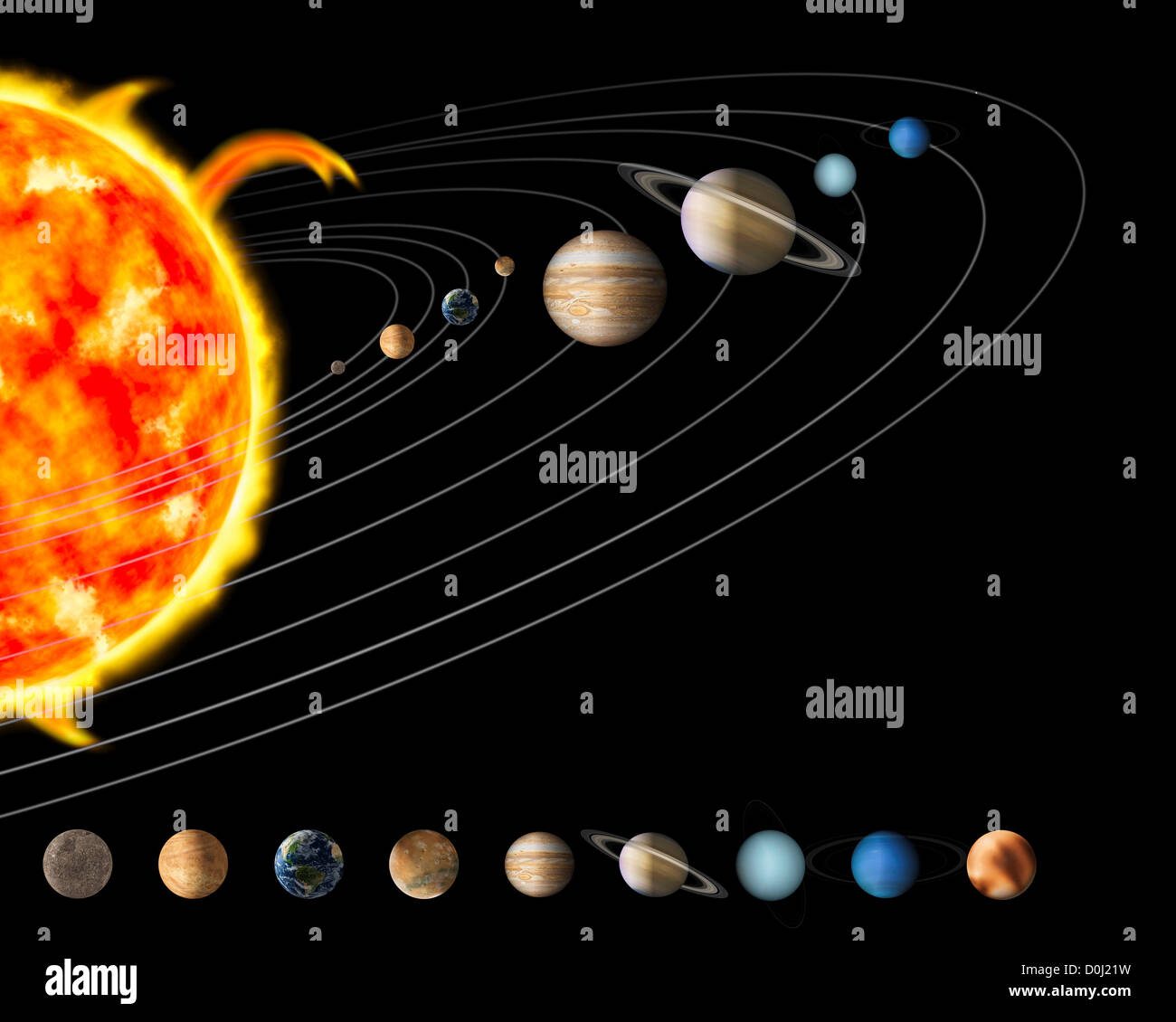 Digital Illustration of the Sun and Nine Planets of Our Solar System Stock Photo