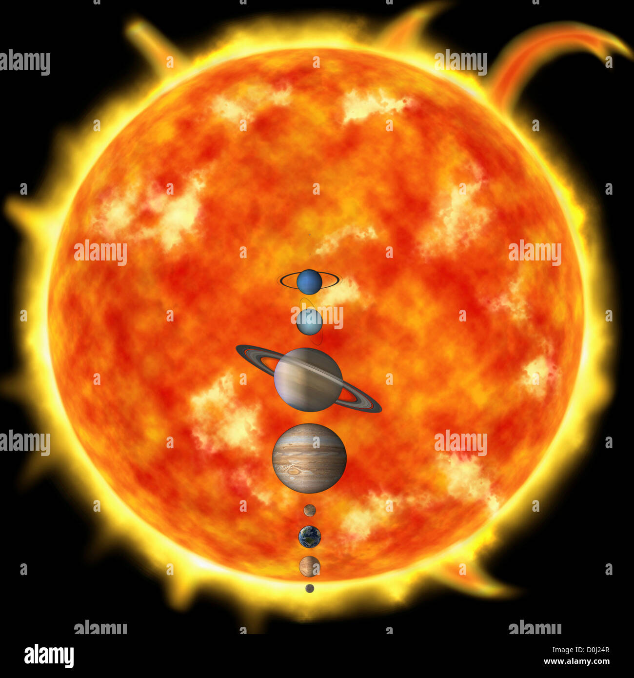 Digital Illustration of the Size of the Sun with the Planets of Our Solar System Stock Photo