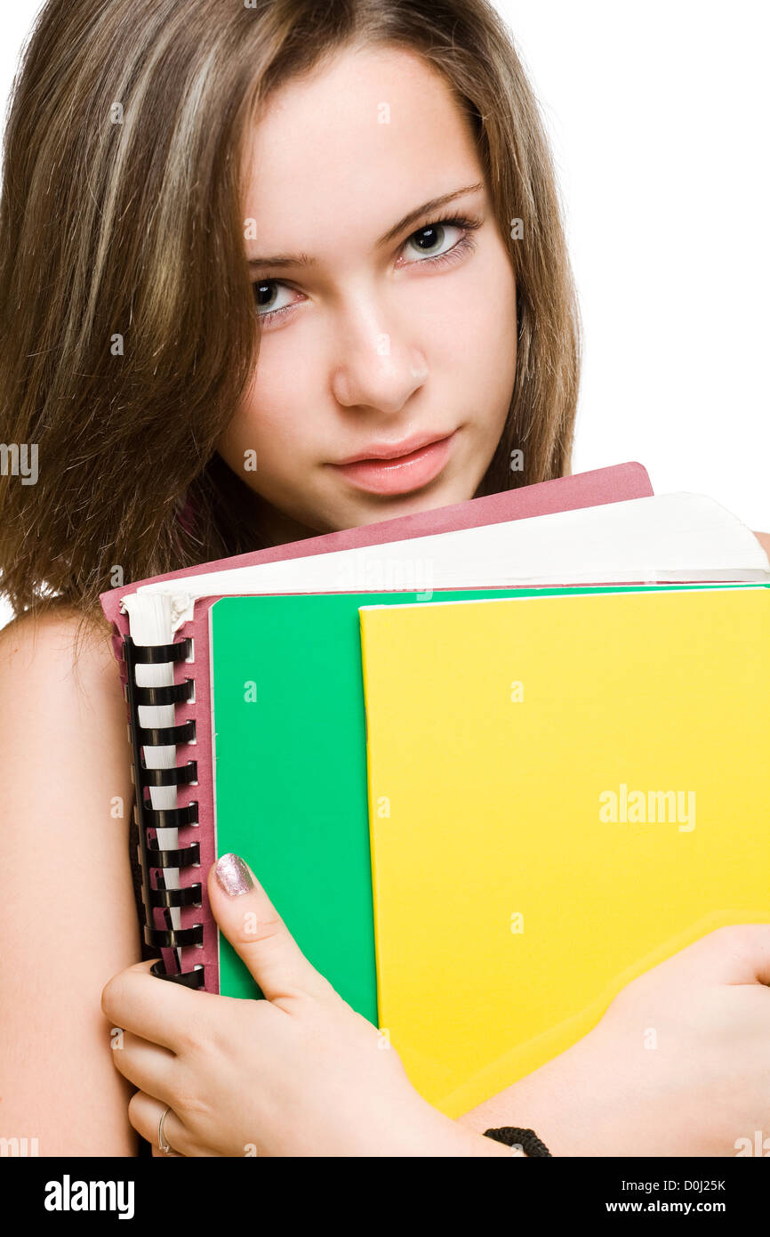 Colorful happy young student girl holding exercise books isolated on ...