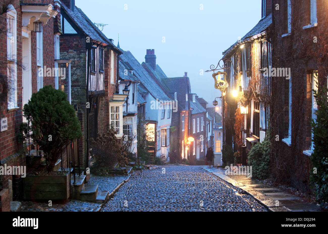 A view down a cobbled street in Rye in East Sussex. Stock Photo