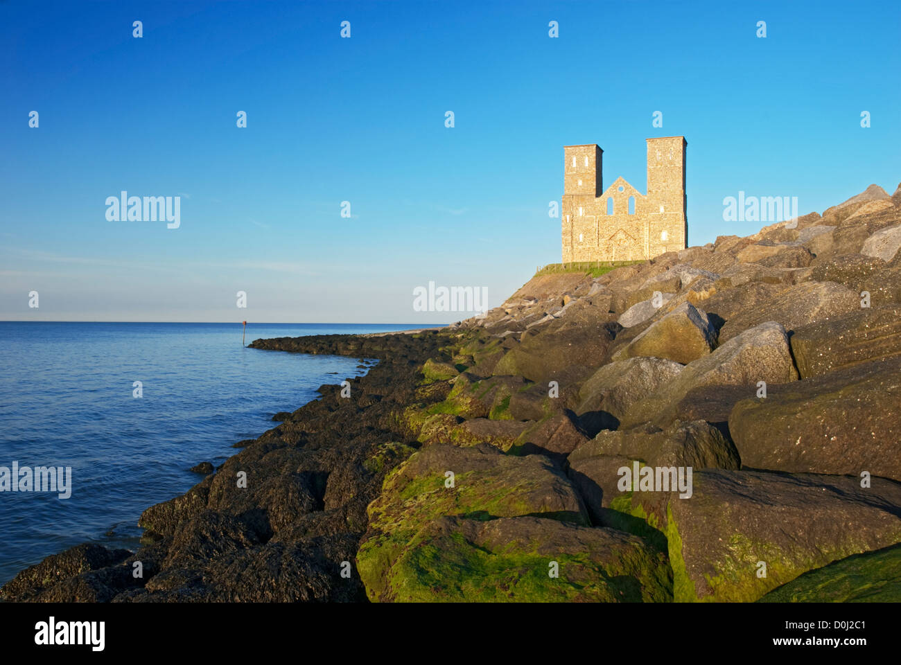 The Reculver Towers bathed in late afternoon sunshine. Stock Photo