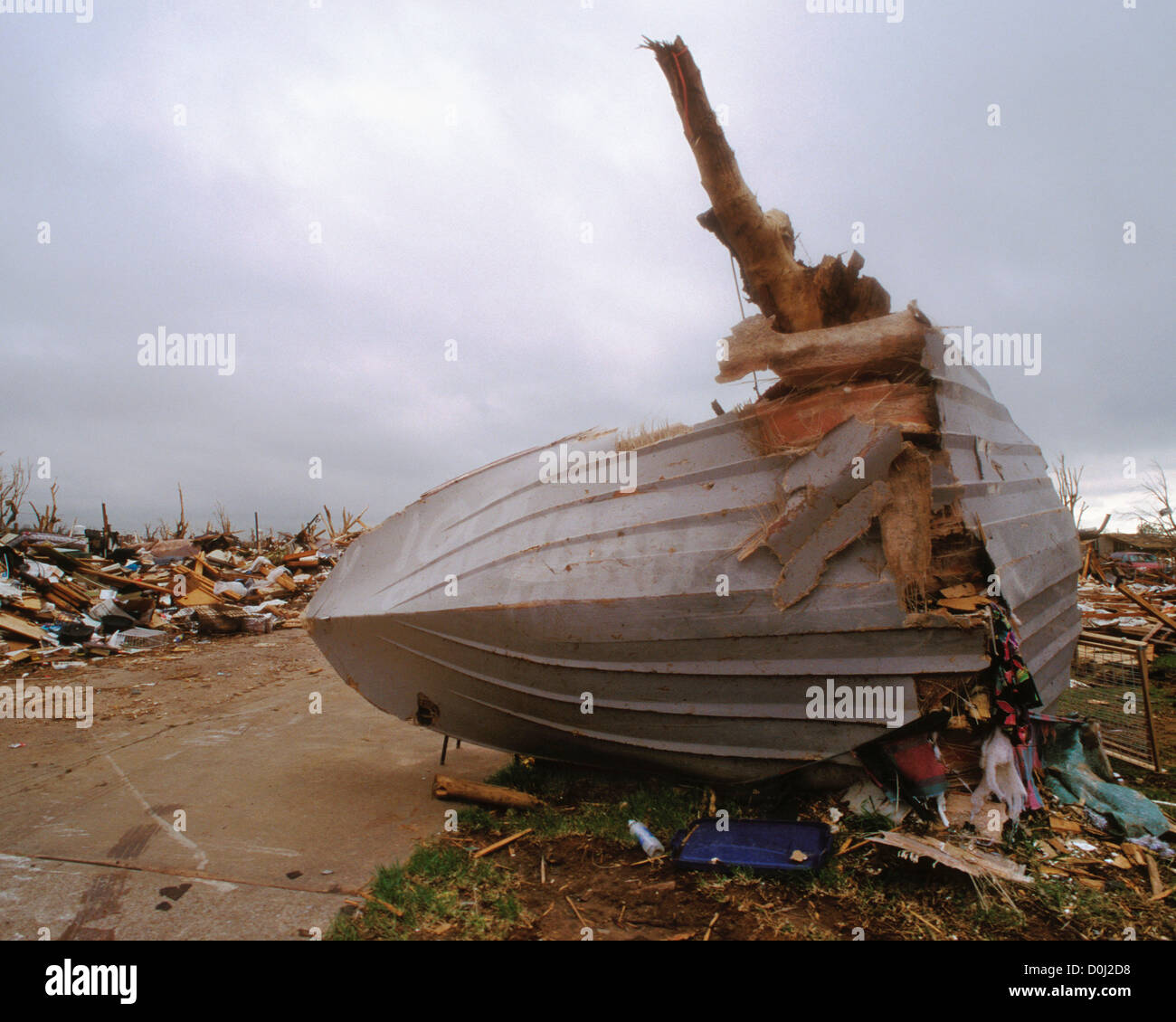 A Fishing Boat is Wrapped Around What's Left of a Tree Stock Photo