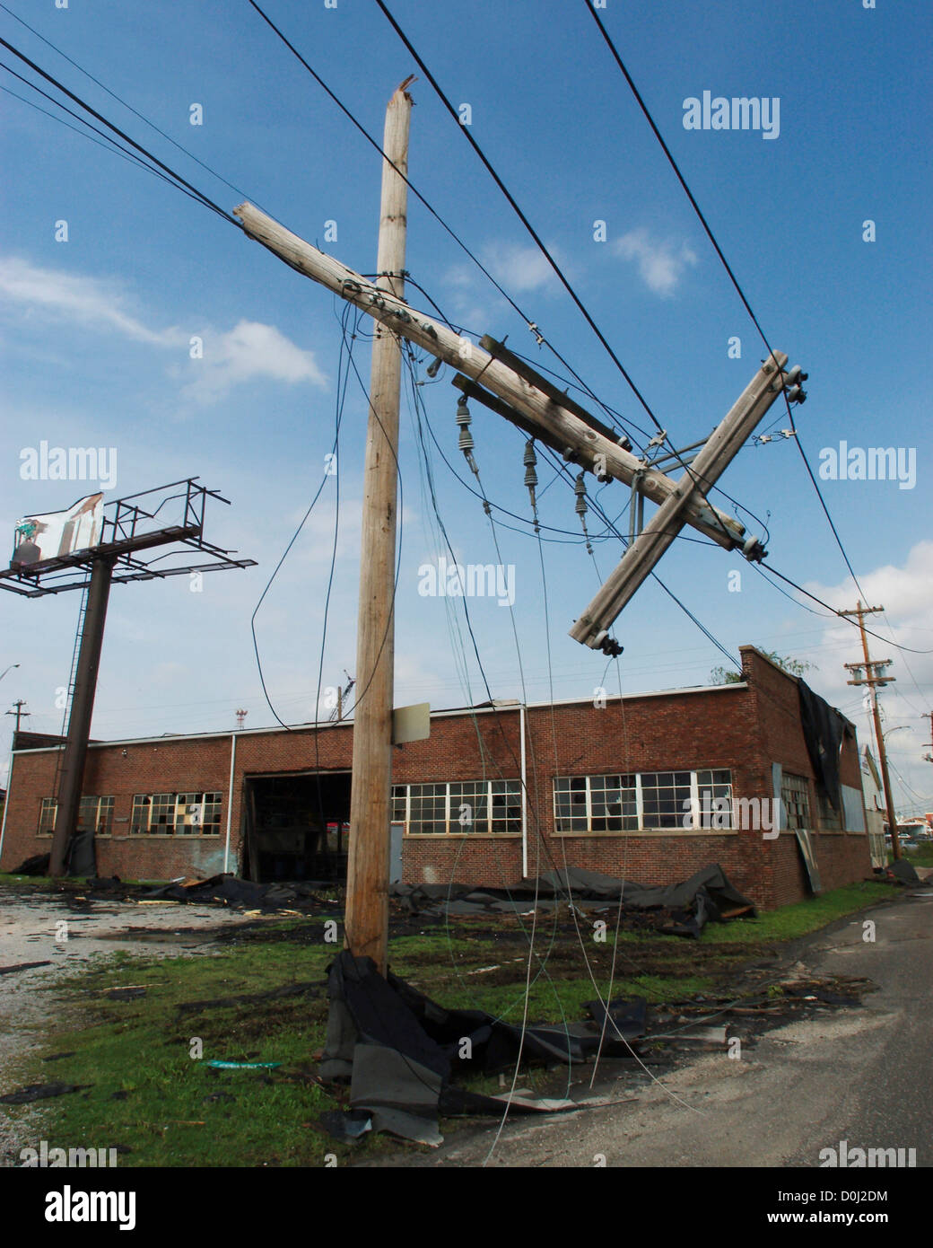 Electrical Poles are Snapped in Two by a Tornado Stock Photo