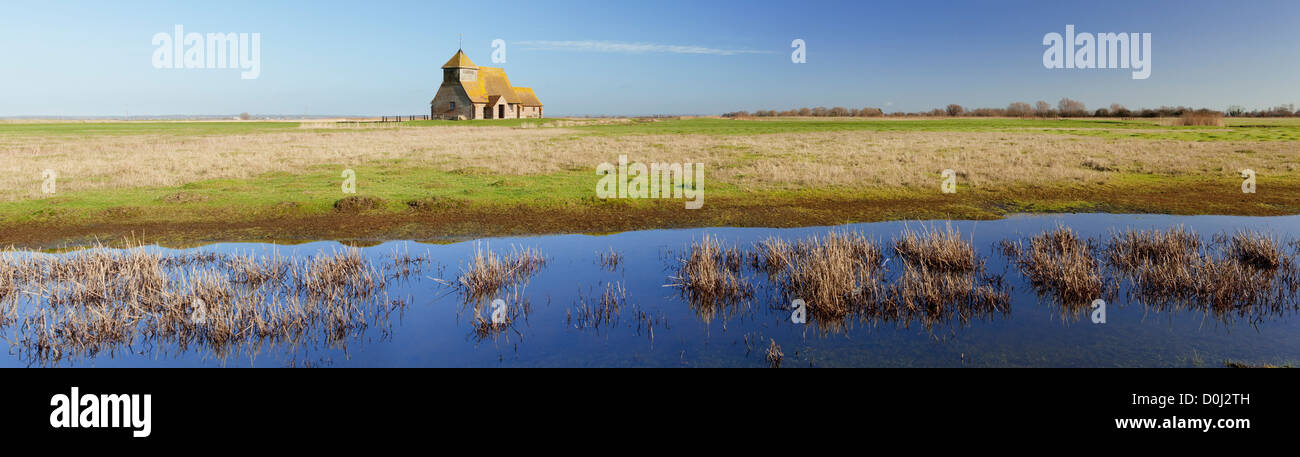 A panoramic view of Fairfield Church on Romney Marsh in Kent. Stock Photo