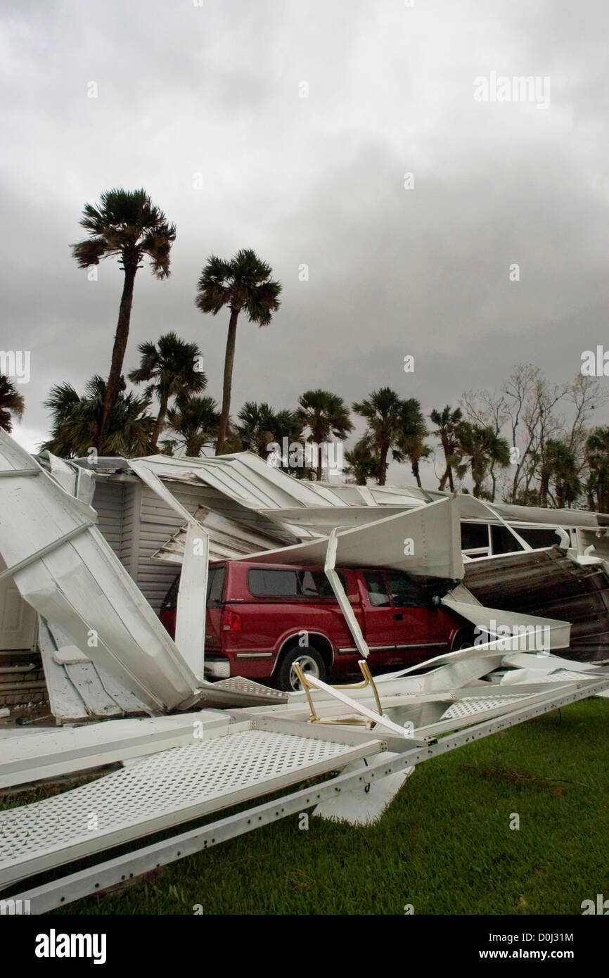 Hurricane Jeanne Buries a Truck Under Mobile Home Debris Stock Photo