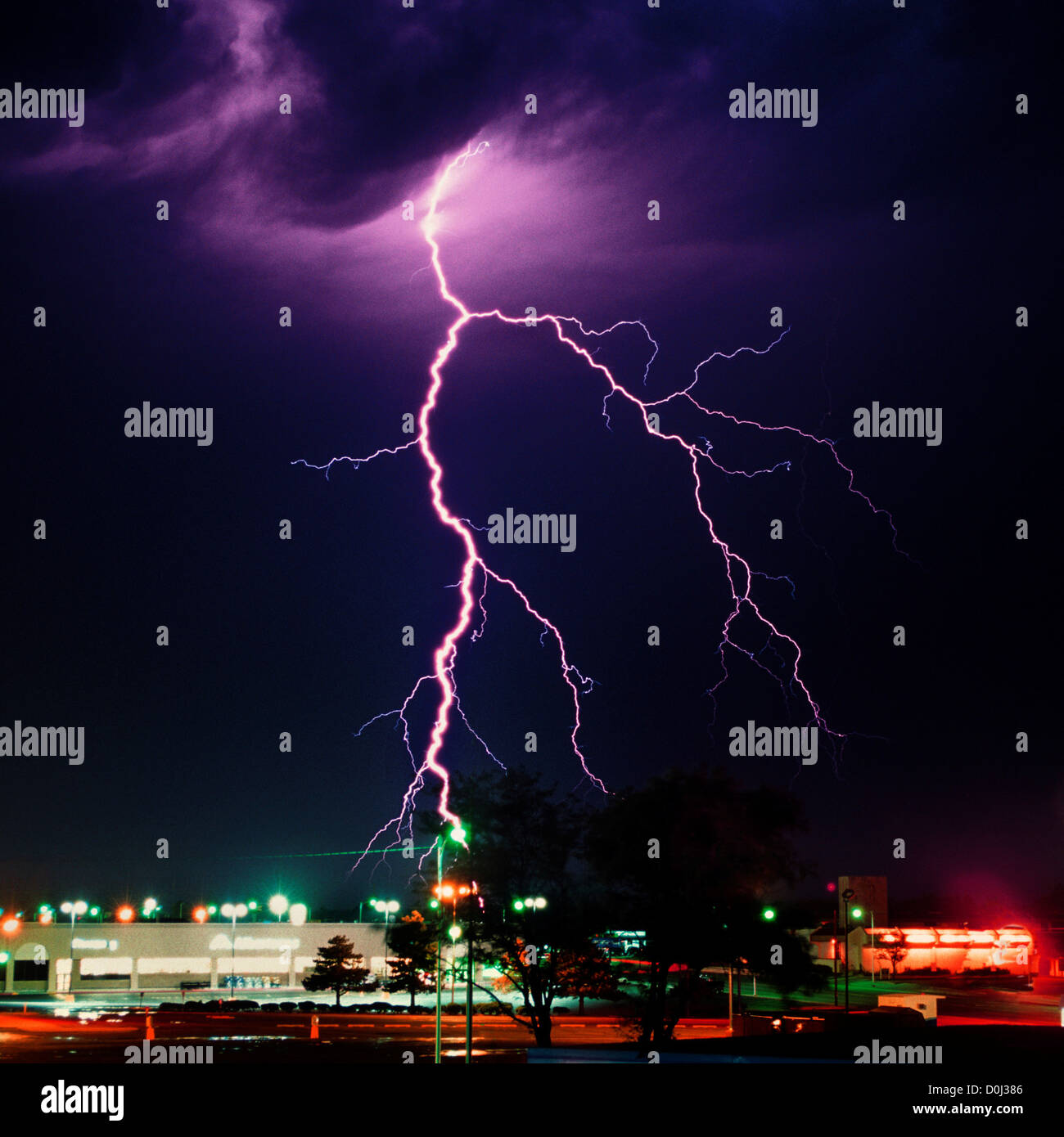 Cloud To Ground Lightning During a Night Thunderstorm Stock Photo