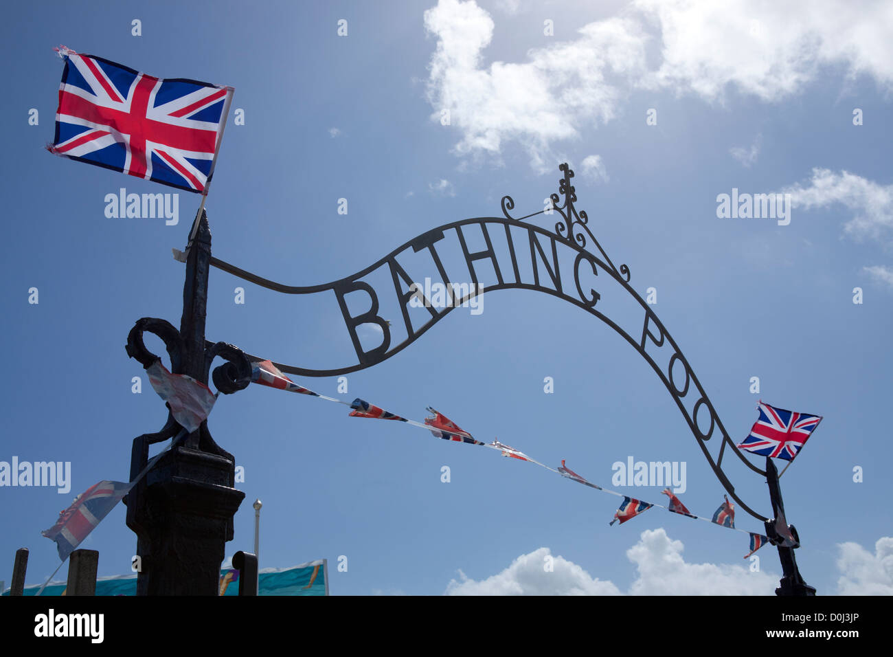 Close-up view of the entrance to the Jubilee Pool in Penzance decorated with Union Jack flags and bunting for the Queen's Diamon Stock Photo