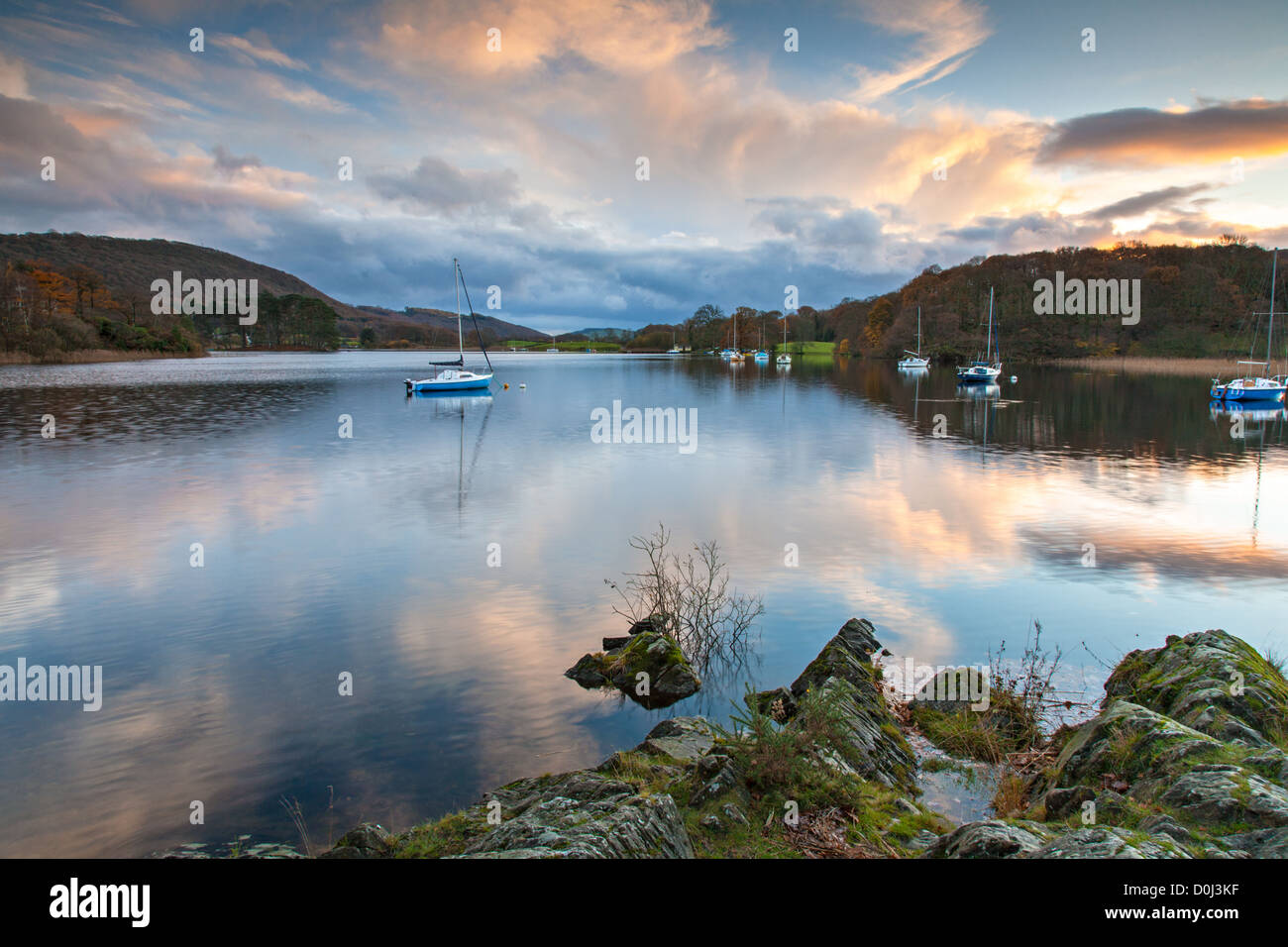 Late afternoon at the southern tip of Coniston Water. Stock Photo