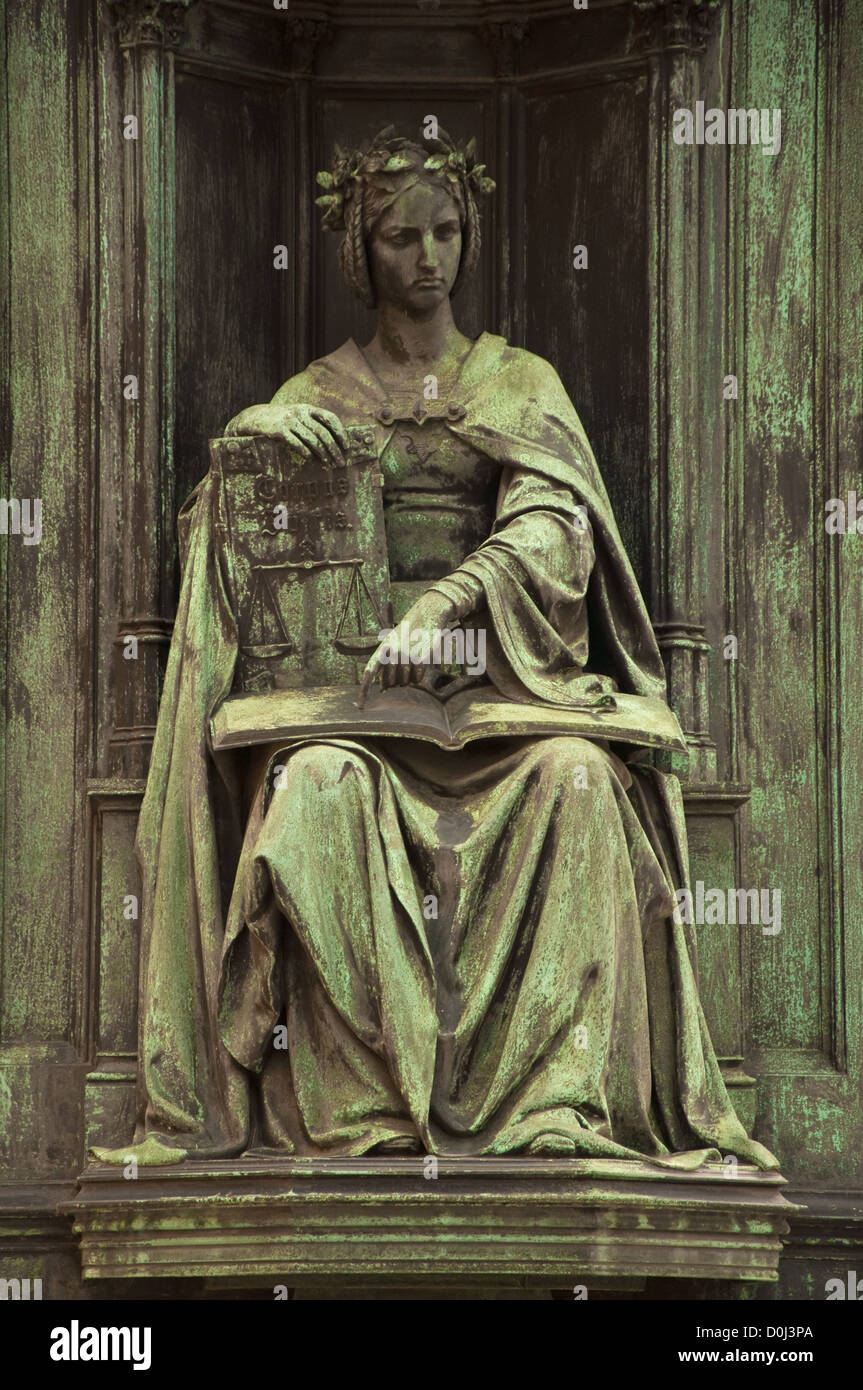 Statue of Justice in Prague city center near the Charles Bridge. Corpus Jurice. Stock Photo