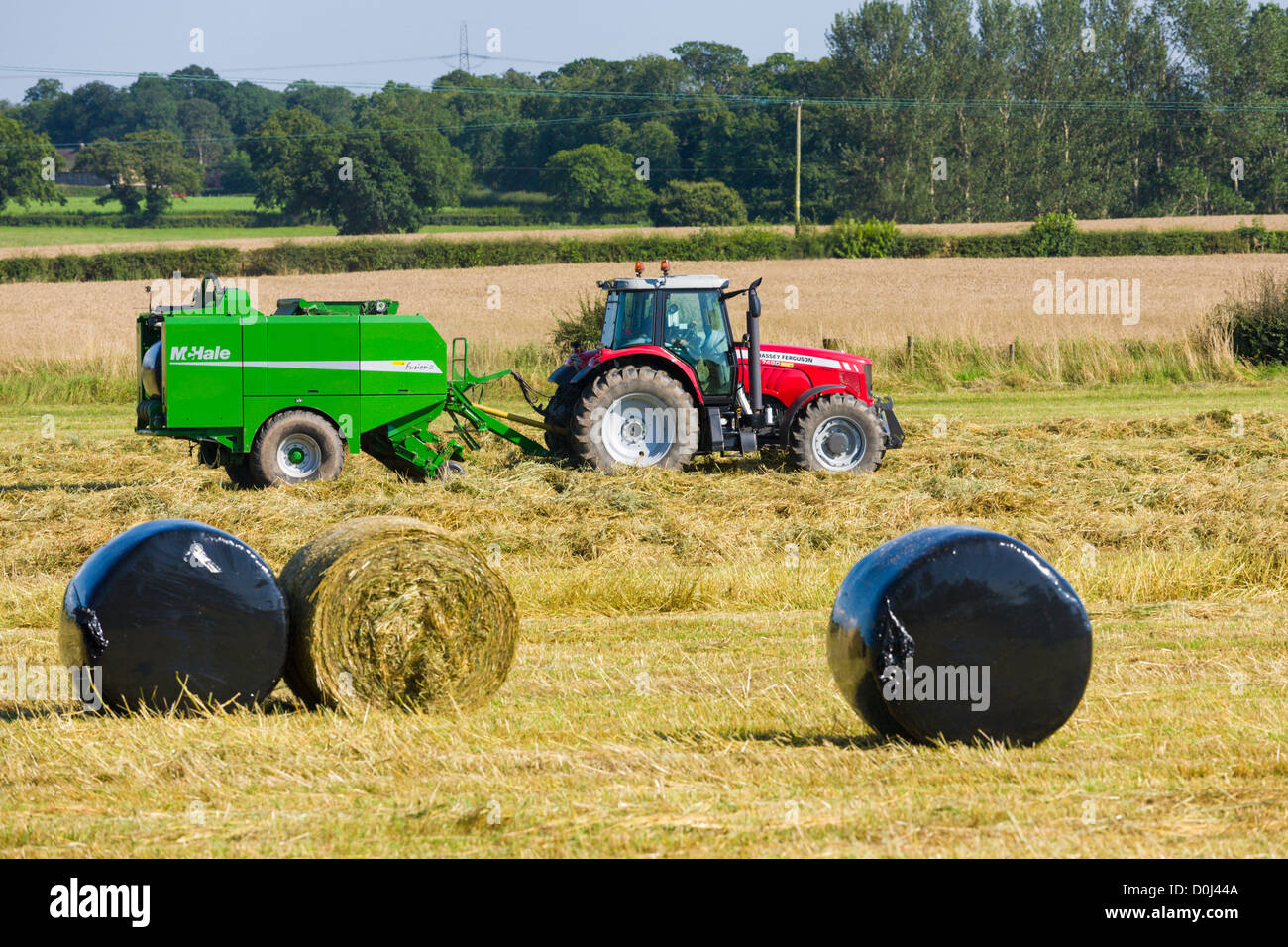 Tractor in field making hay bales Stock Photo