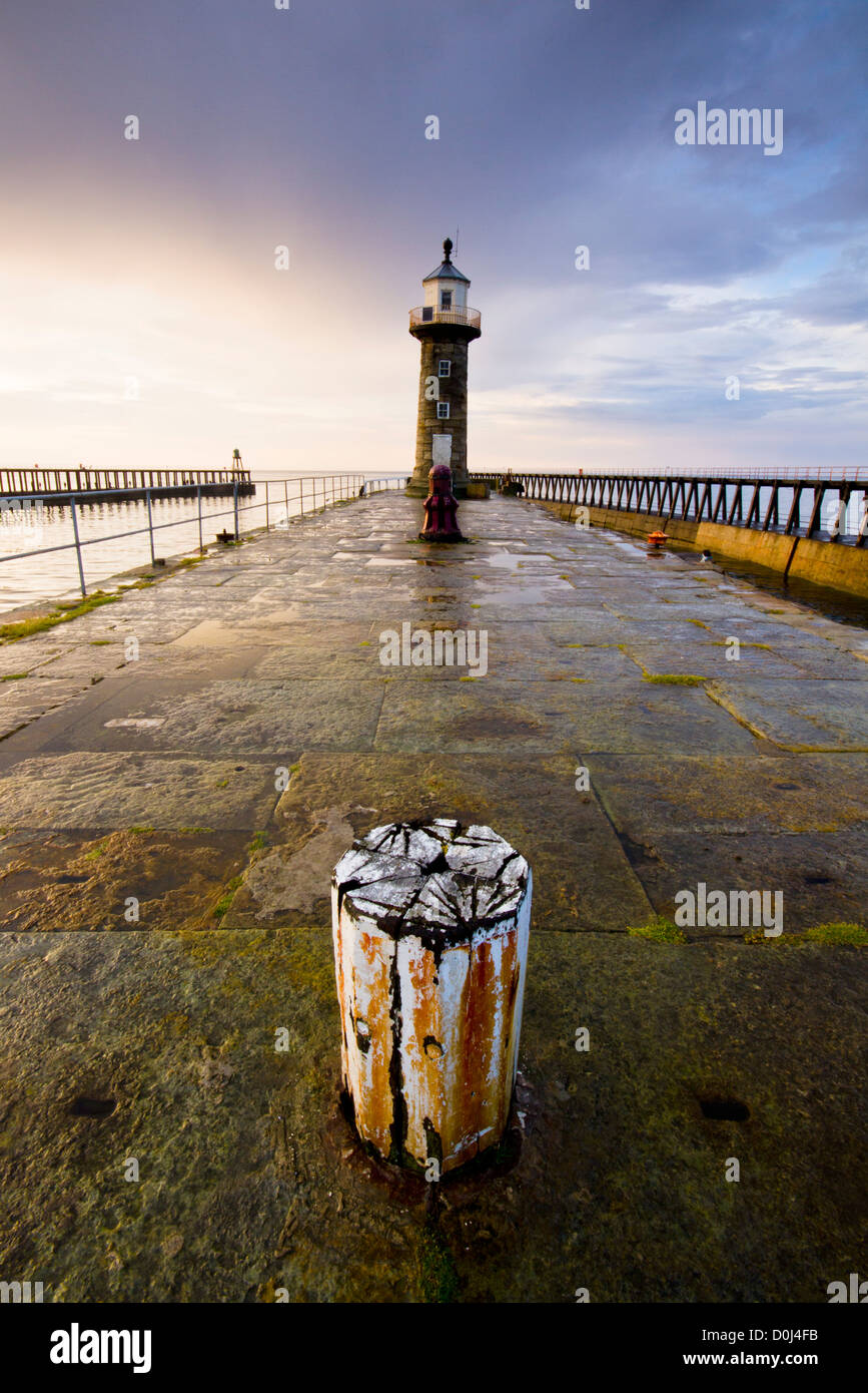 The lighthouse on the end of Whitby Pier. Stock Photo