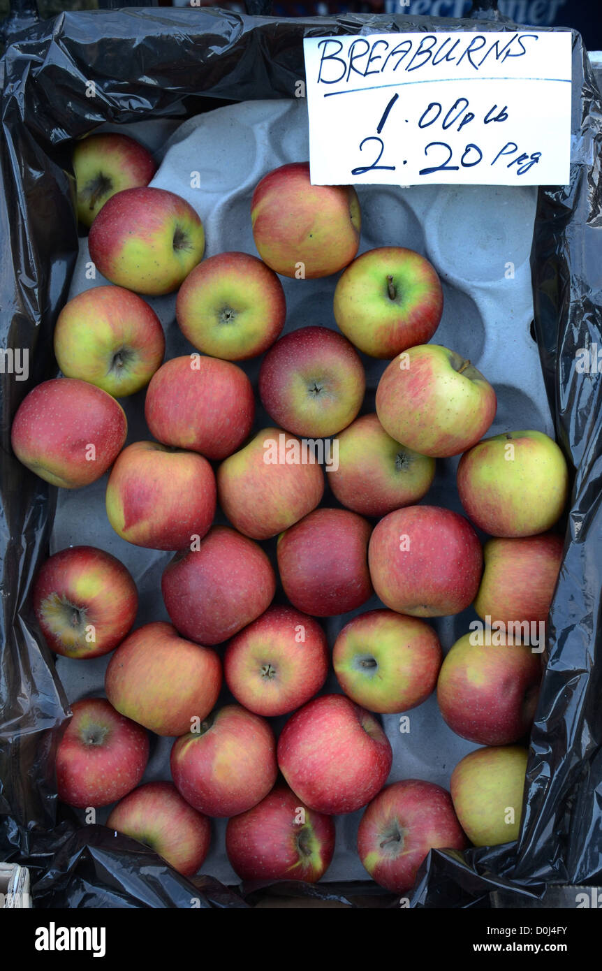 Braeburn apples (misspelled in the photo) on display outside a convenience store in Edinburgh. Stock Photo