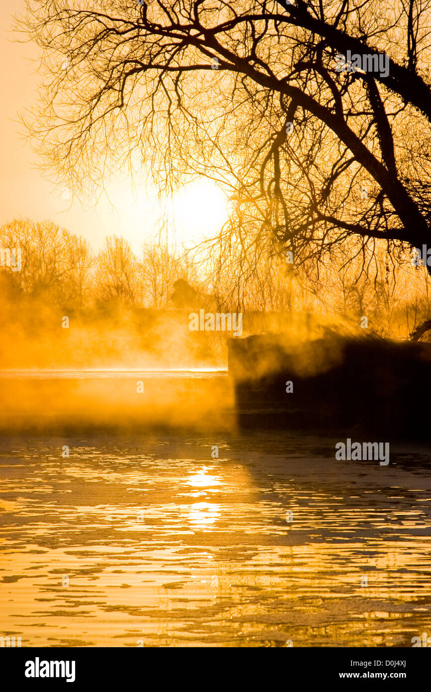 Sunrise and early morning mist at Cossington Mill, Cossington, Leicestershire Stock Photo