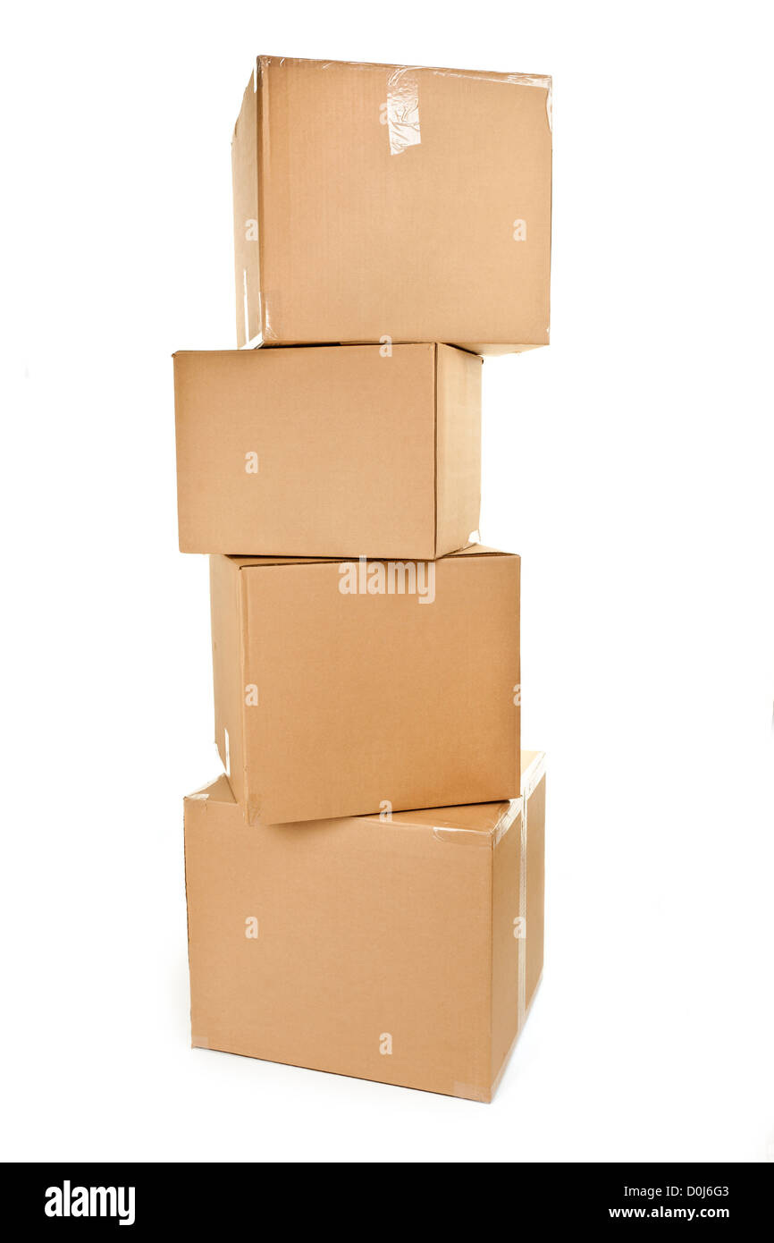 Stack of four large cardboard moving boxes isolated on white Stock Photo -  Alamy