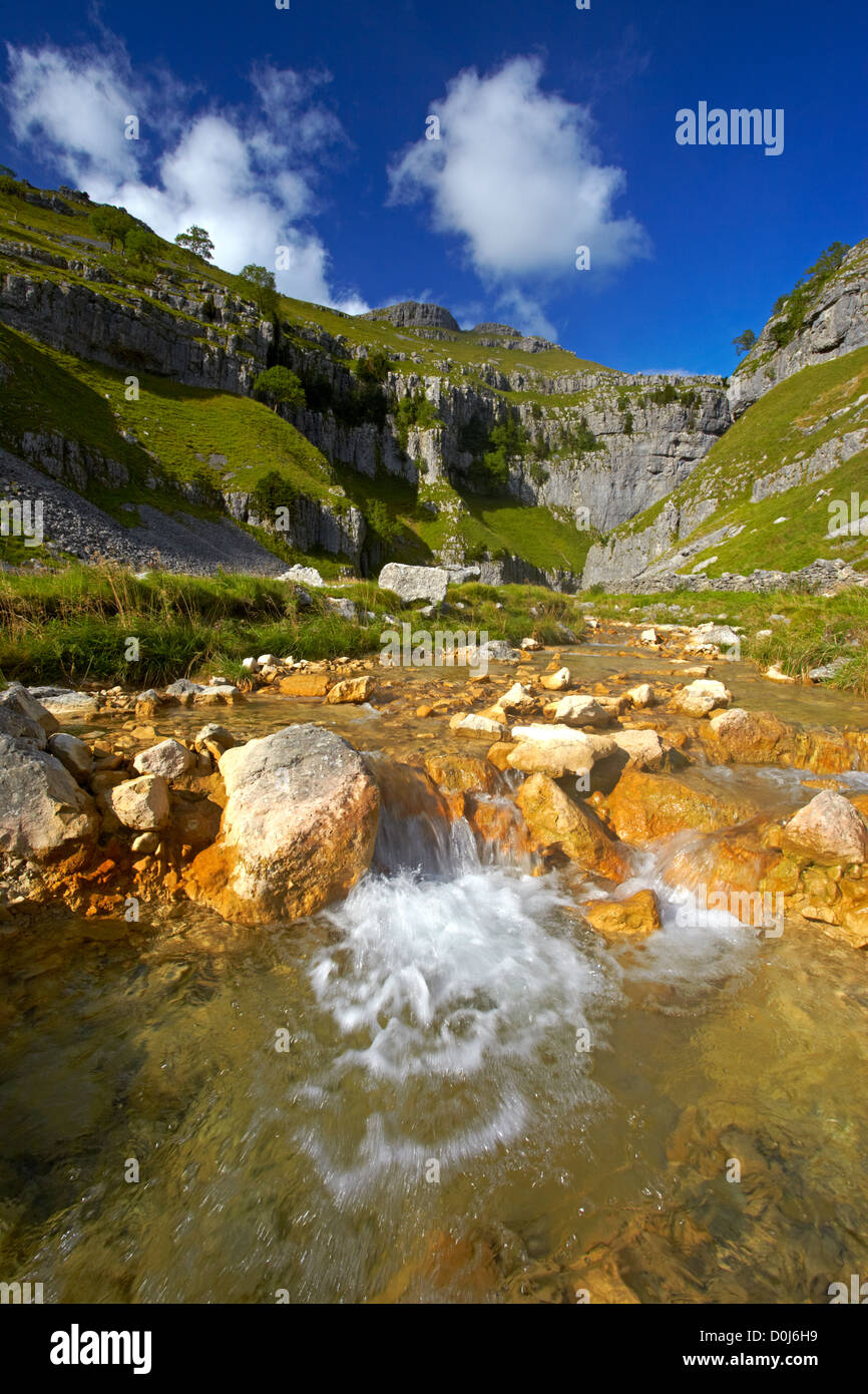 A view of Goredale beck which flows through the limestone gorge of Gordale Scar. Stock Photo