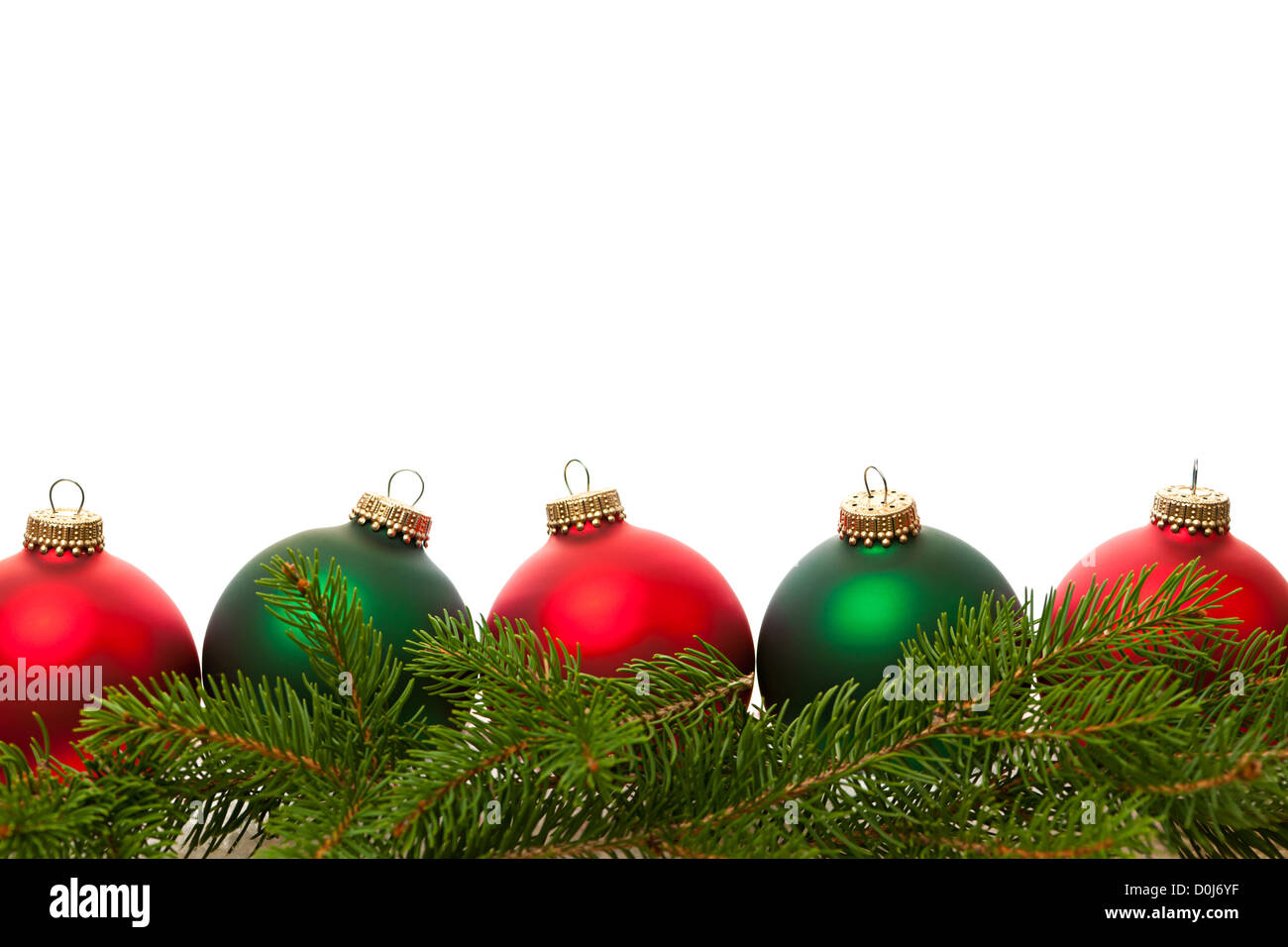 Row of green and red Christmas ornaments on white background Stock ...