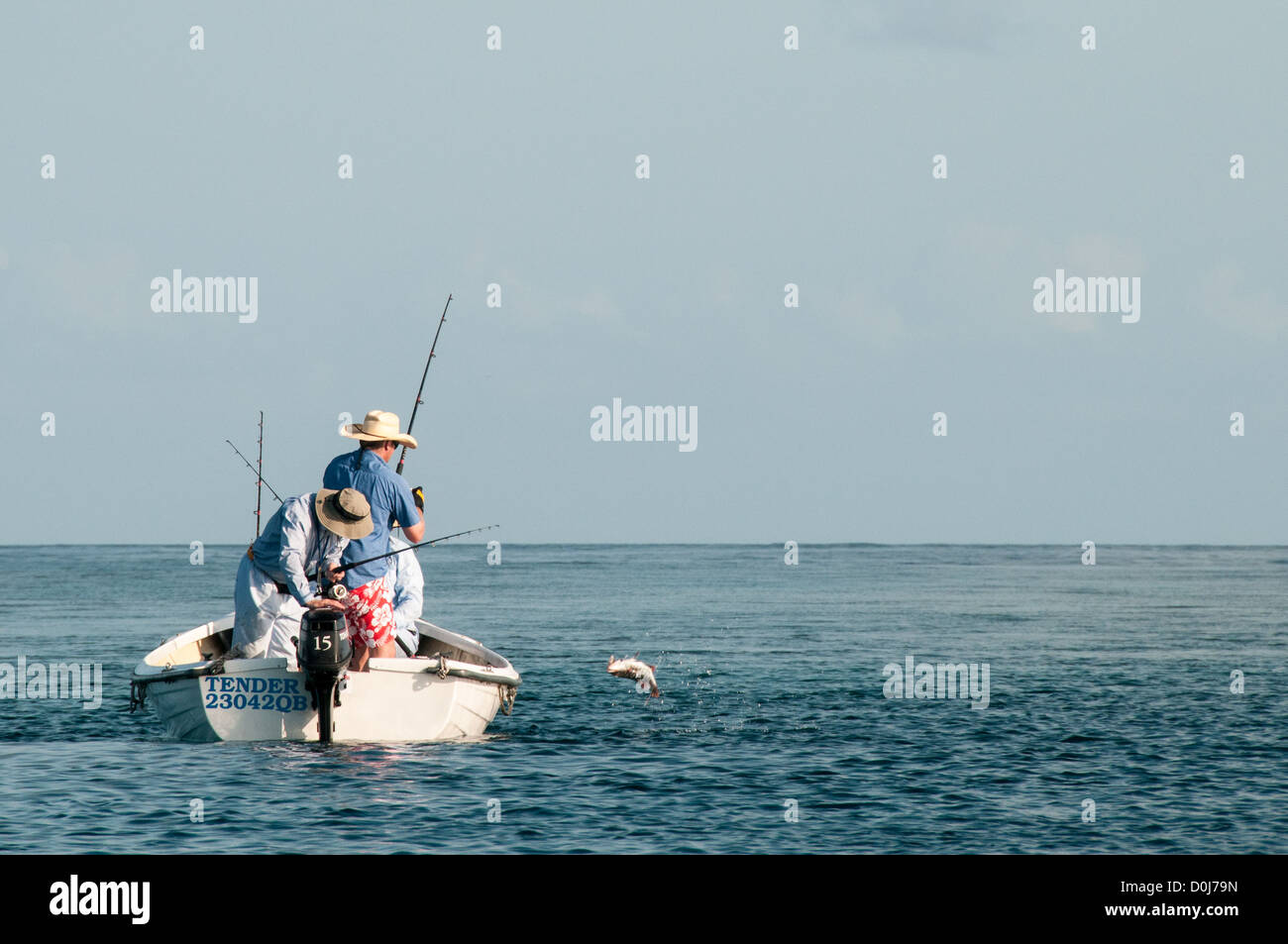 Three fishermen in a small dinghy catch a fish out on Swains Reef on the southern end of the Great Barrier Reef, off Queensland's central coast. Stock Photo