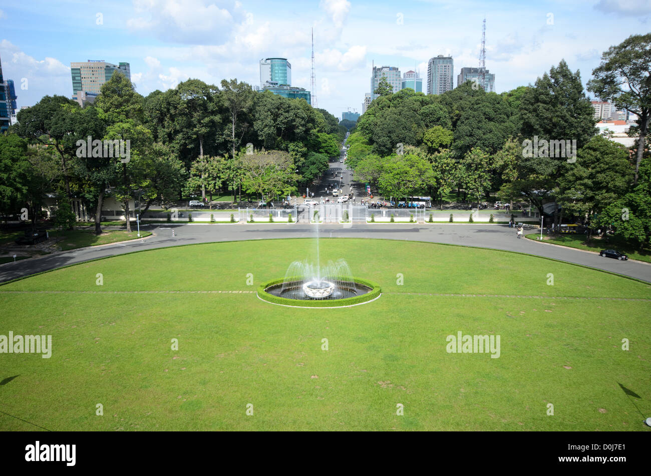 HO CHI MINH CITY, Vietnam - The grounds in front of Reunification Palace (the former Presidential Palace) in downtown Ho Chi Minh City (Saigon), Vietnam. The palace was used as the command headquarters of South Vietnam during the Vietnam War. Stock Photo