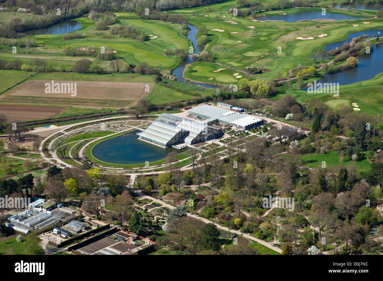 An aerial view of The Glasshouse which is the centrepiece of the Royal Horticultural Gardens at Wisley. Stock Photo
