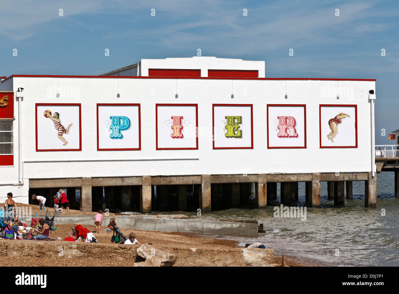 One end of Felixstowe Pier and beach. Stock Photo