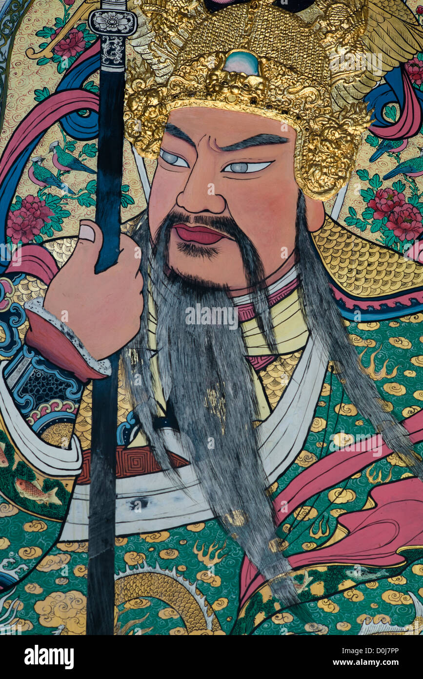A detail on the painted doorway to the Han Jiang temple in Georgetown, Penang, Malaysia Stock Photo