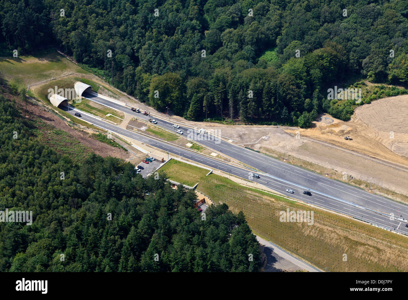 An aerial view of the twin bores of the Hindhead Tunnel on the A3 in Surrey. Stock Photo