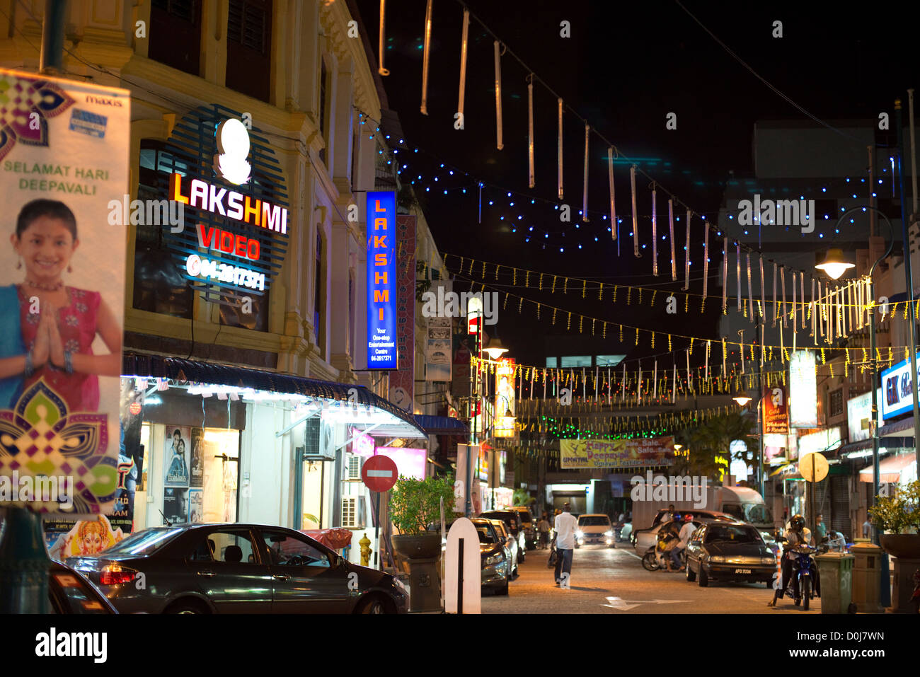 A night time street scene in Georgetown's Little India district in Penang, Malaysia Stock Photo