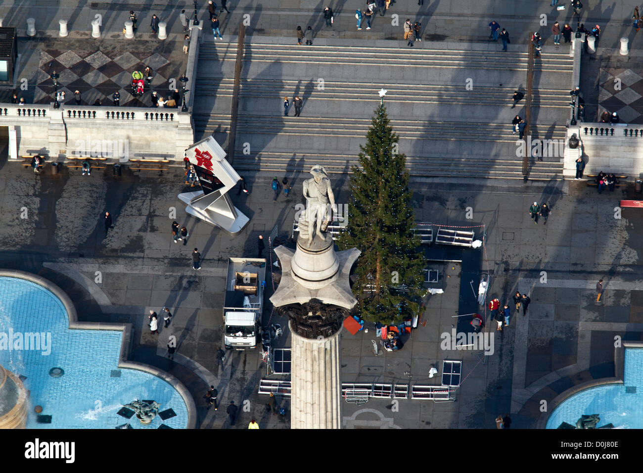 Aerial view of Nelsons Column in Trafalgar Square in London. Stock Photo