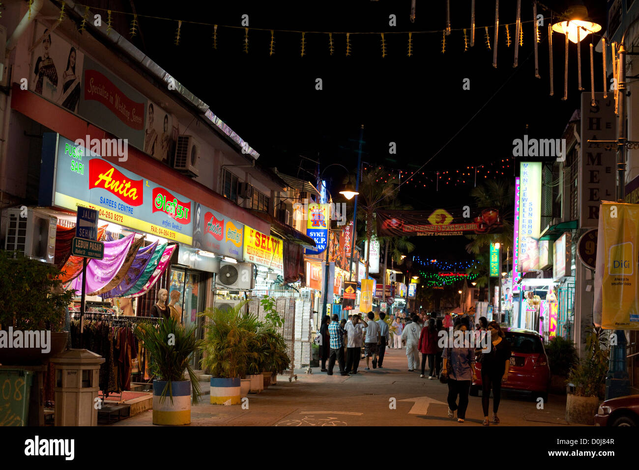 A night time street scene in Georgetown's Little India district in Penang, Malaysia Stock Photo