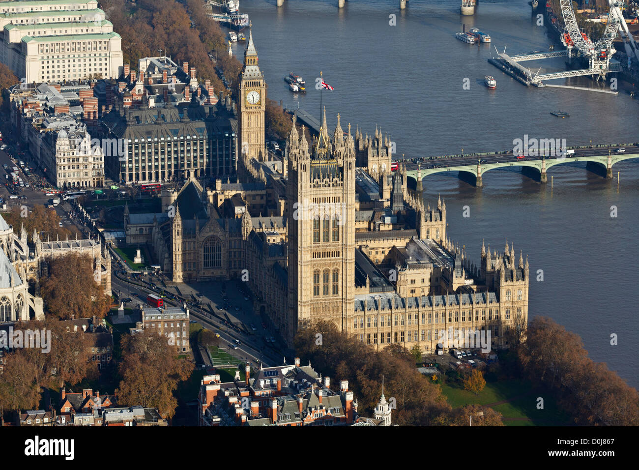 Aerial view the Houses of Parliament and Westminster Bridge over the River Thames. Stock Photo
