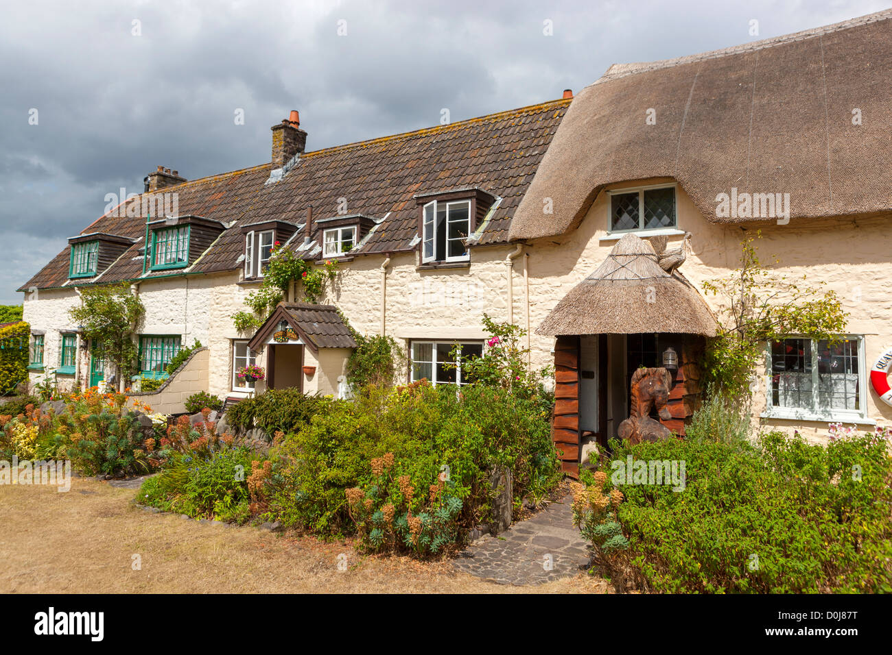 Thatched Cottages In Porlock Weir Exmoor National Park Stock