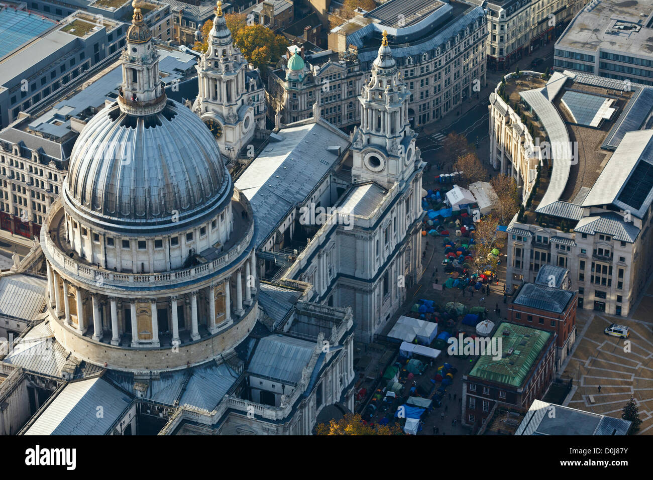 Aerial view of St Pauls Cathedral in London with adjacent anti-capitalist protestor's encampment. Stock Photo