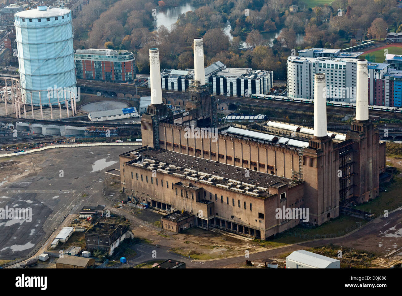Aerial view of the former power station site at Battersea in London. Stock Photo
