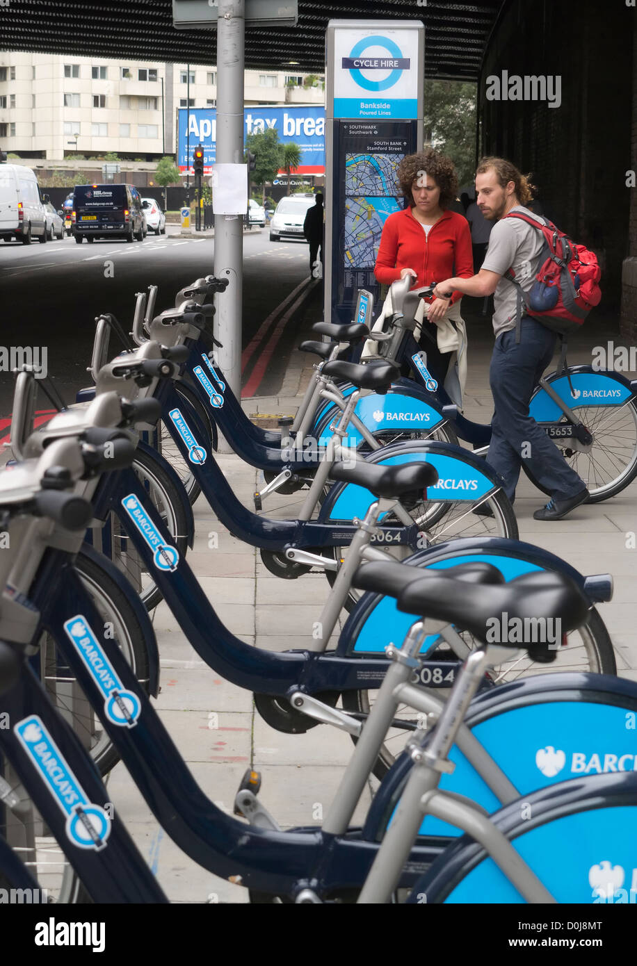 Free urban cycle hire station at  Bankside in London. Stock Photo